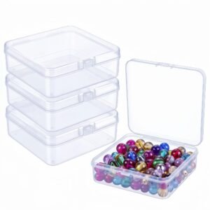 CHSZCHOMER 4 Pack Clear Small Plastic Box 4.9x4.9x1.38 in, Bead Organizer Containers,Plastic Boxes with Hinged Lids for DIY Nail Containers and Smalls Parts Storage