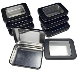 8 Pack Tin Container Box with Clear Window Lid - Compact,Versatile,Metal Storage Boxes for Everyday Use Small Tins Bead box,DIY tin Gift Packaging (Black, 8 Pcs 3.94 x 2.76 x 0.8 In)