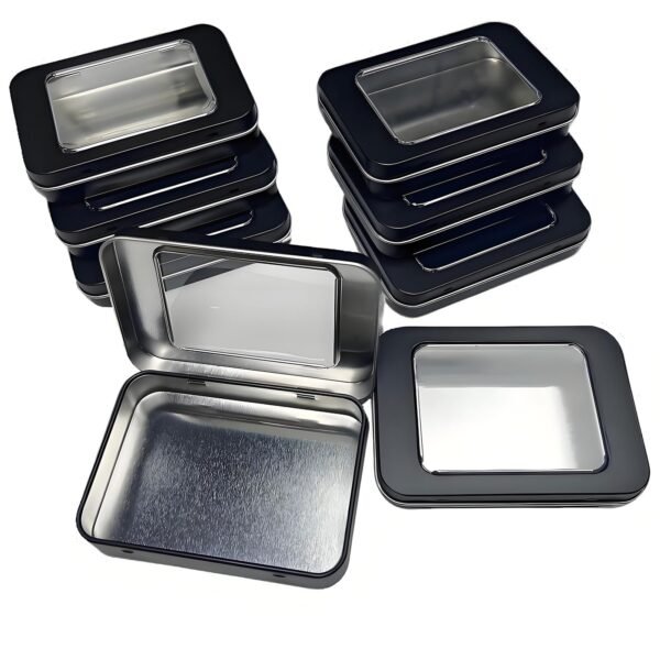 8 Pack Tin Container Box with Clear Window Lid - Compact,Versatile,Metal Storage Boxes for Everyday Use Small Tins Bead box,DIY tin Gift Packaging (Black, 8 Pcs 3.94 x 2.76 x 0.8 In)