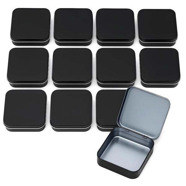 Sturdy Metal Tin Box Set Pack of 12 Silver  - Compact Storage Solution for Jewelry, Beads and More. Small Tins with Hinged Lids for Versatile Use (Black, 2.76 x 2.76 x 0.8 in)