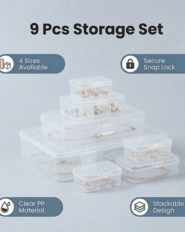 CHSZCHOMER 9 Pack Clear Plastic Storage Boxes with Snap-Lock Lids, Assorted Sizes Mini Organizer Containers with Bonus Marking Labels for DIY Crafts, Beads,Charms,Stickers, SMT Components,Hardware