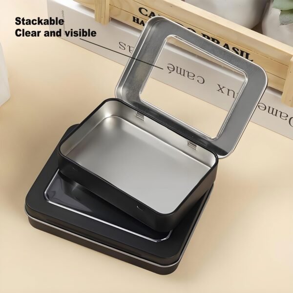 8 Pack Tin Container Box with Clear Window Lid - Compact,Versatile,Metal Storage Boxes for Everyday Use Small Tins Bead box,DIY tin Gift Packaging (Black, 8 Pcs 3.94 x 2.76 x 0.8 In)