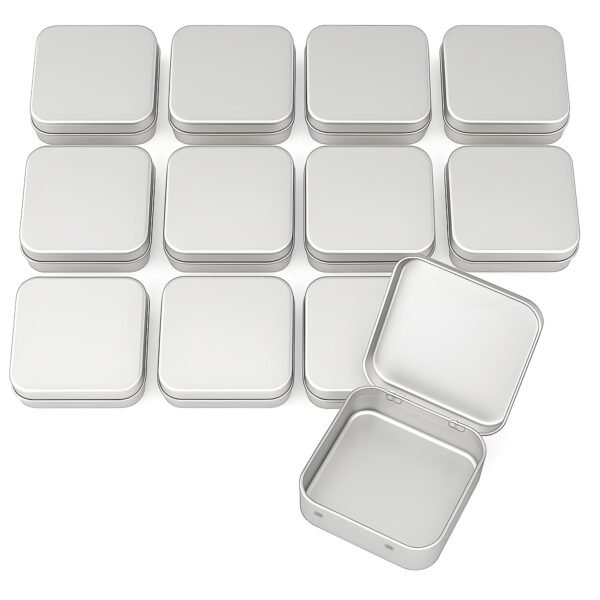 Sturdy Metal Tin Box Set Pack of 12 Silver  - Compact Storage Solution for Jewelry, Beads and More. Small Tins with Hinged Lids for Versatile Use (Silvery, 2.76 x 2.76 x 0.8 in)
