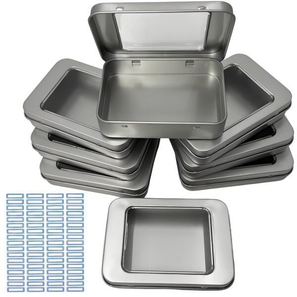 8 Pack Tin Container Box with Clear Window Lid - Compact,Versatile,Metal Storage Boxes for Everyday Use Small Tins Bead box,DIY tin Gift Packaging (Silvery, 8 Pcs 3.94 x 2.76 x 0.8 In)