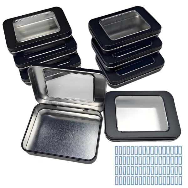 8 Pack Tin Container Box with Clear Window Lid - Compact,Versatile,Metal Storage Boxes for Everyday Use Small Tins Bead box,DIY tin Gift Packaging (Black, 8 Pcs 3.94 x 2.76 x 0.8 In)